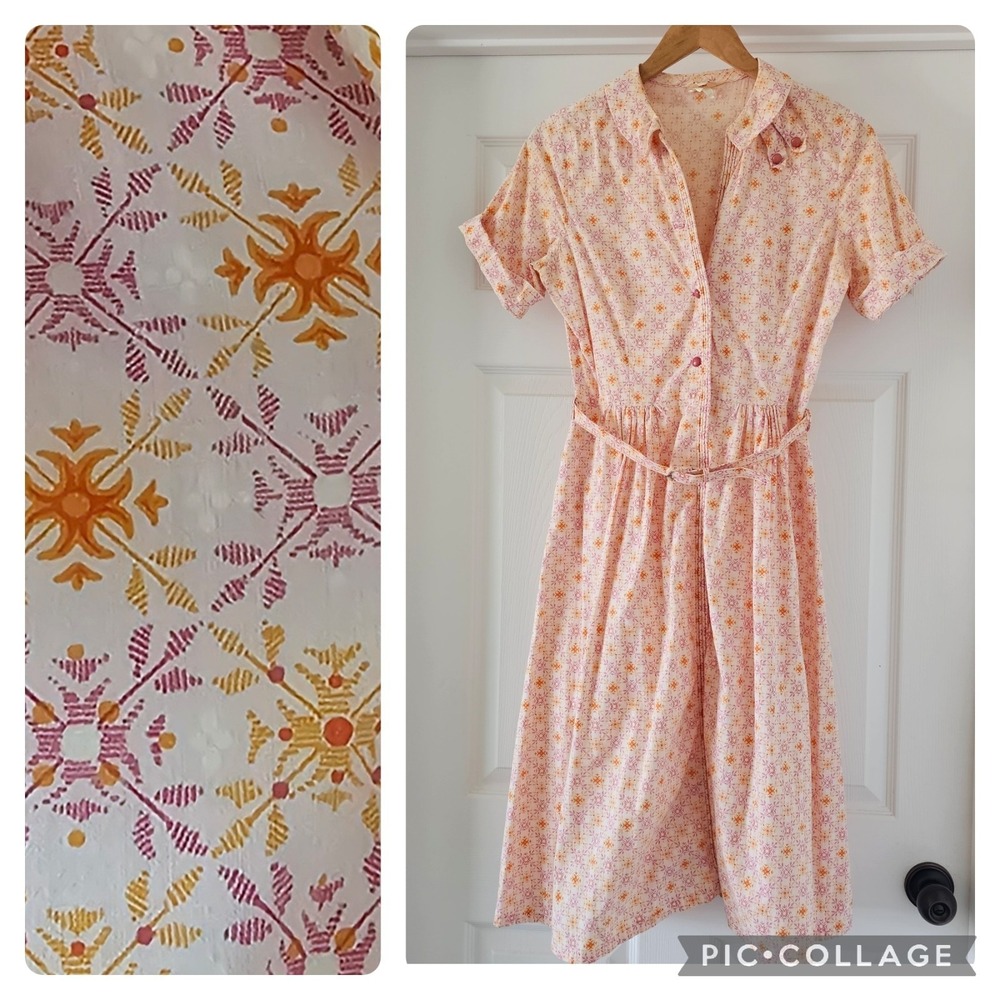 1950s Large Vintage Brentwood Cotton Tea Length Midi Dress Orange Button #78